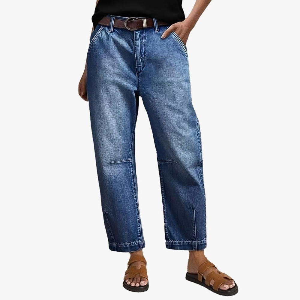 Flamingals Wash Stitch Detail Mid Rise Barrel Leg Crop Jeans Size Large  NWT